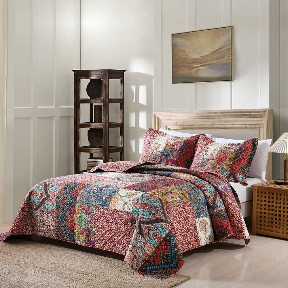 Cotton Patchwork Bedspread Quilt Sets, Reversible Bedding Coverlet Sets, Red ...