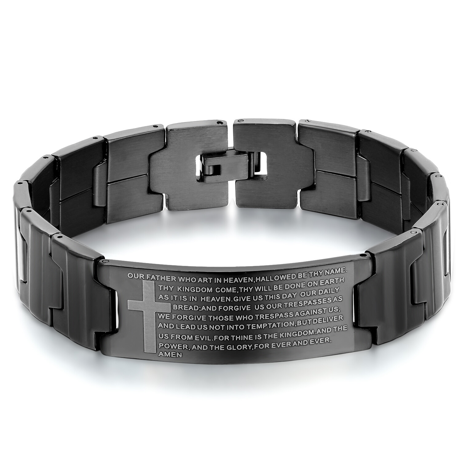 Men Black Stainless Steel Christ Cross English Bible Lords Prayer Chain Bracelet