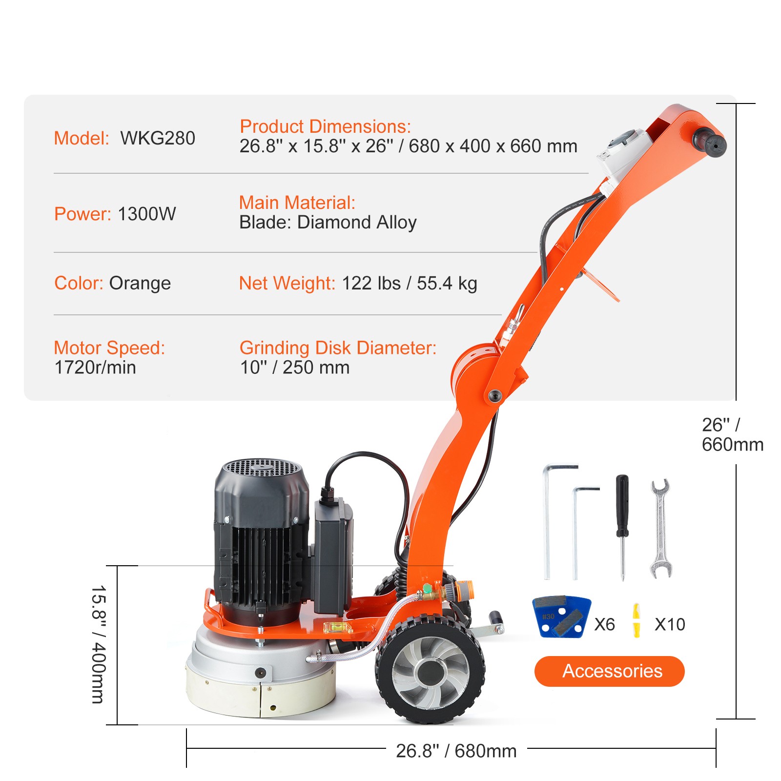 Concrete Floor Grinder 10" Walk-Behind Polisher 1.7HP Adjustable Machine