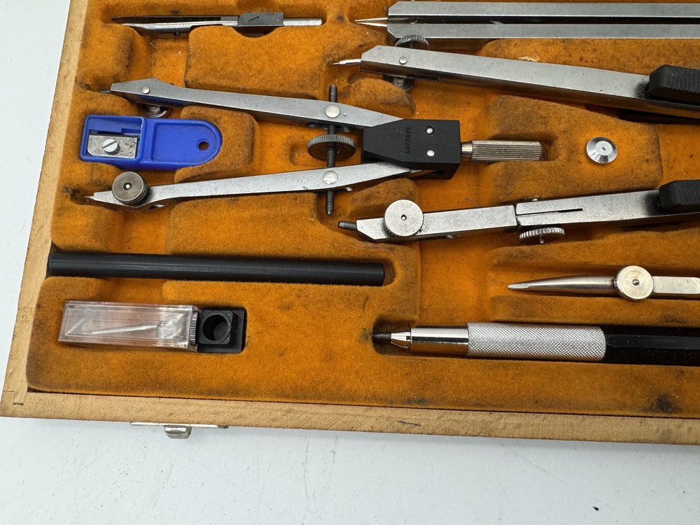 Vintage Alvin Precision Drawing Set Drafting Tools Compass German Wood Case