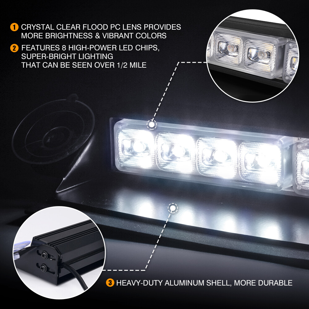 8" LED White Front Windshield Dash Deck Warning Flashing Traffic Advisor Lights
