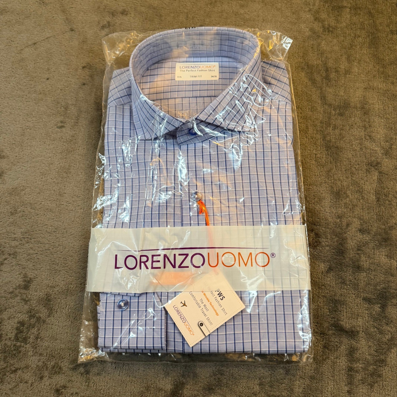 Lorenzo Uomo Trim Fit No Wrinkle Blue Check Dress Shirt Mens 15.5 34/35 PWS NEW
