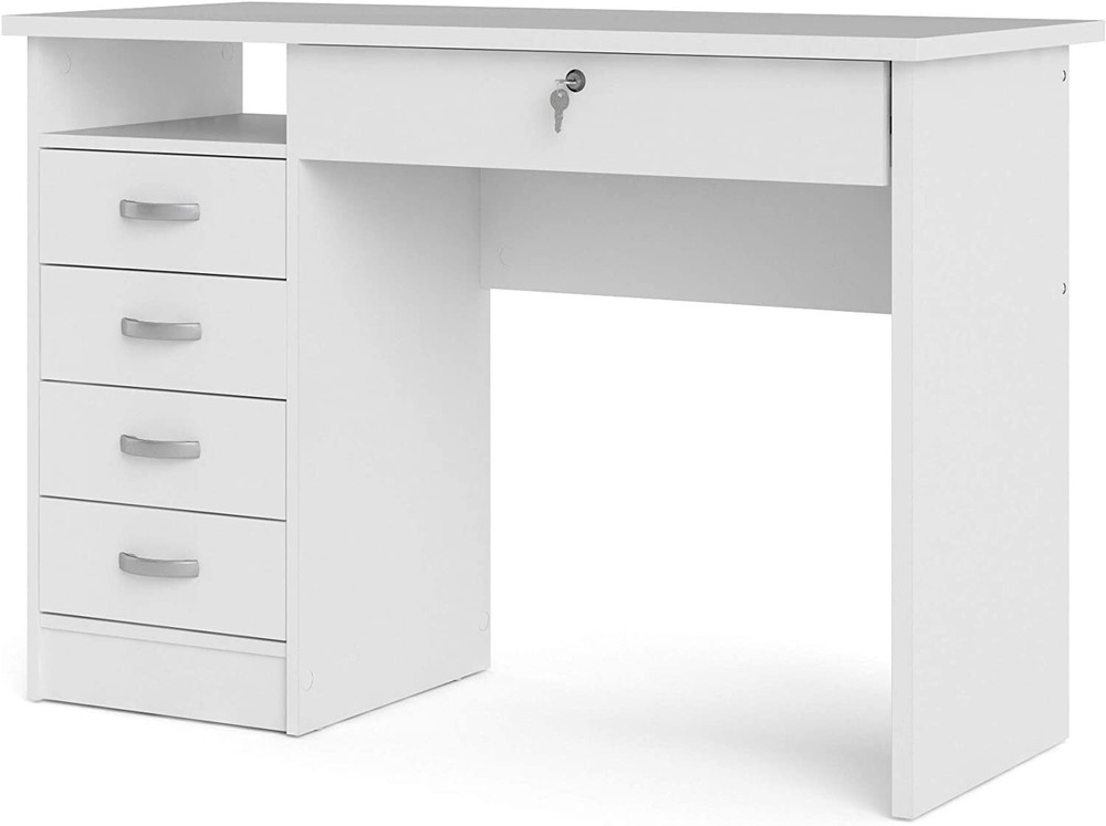 43 in. Rectangular White 5 Drawer Writing Desk with Locking Feature