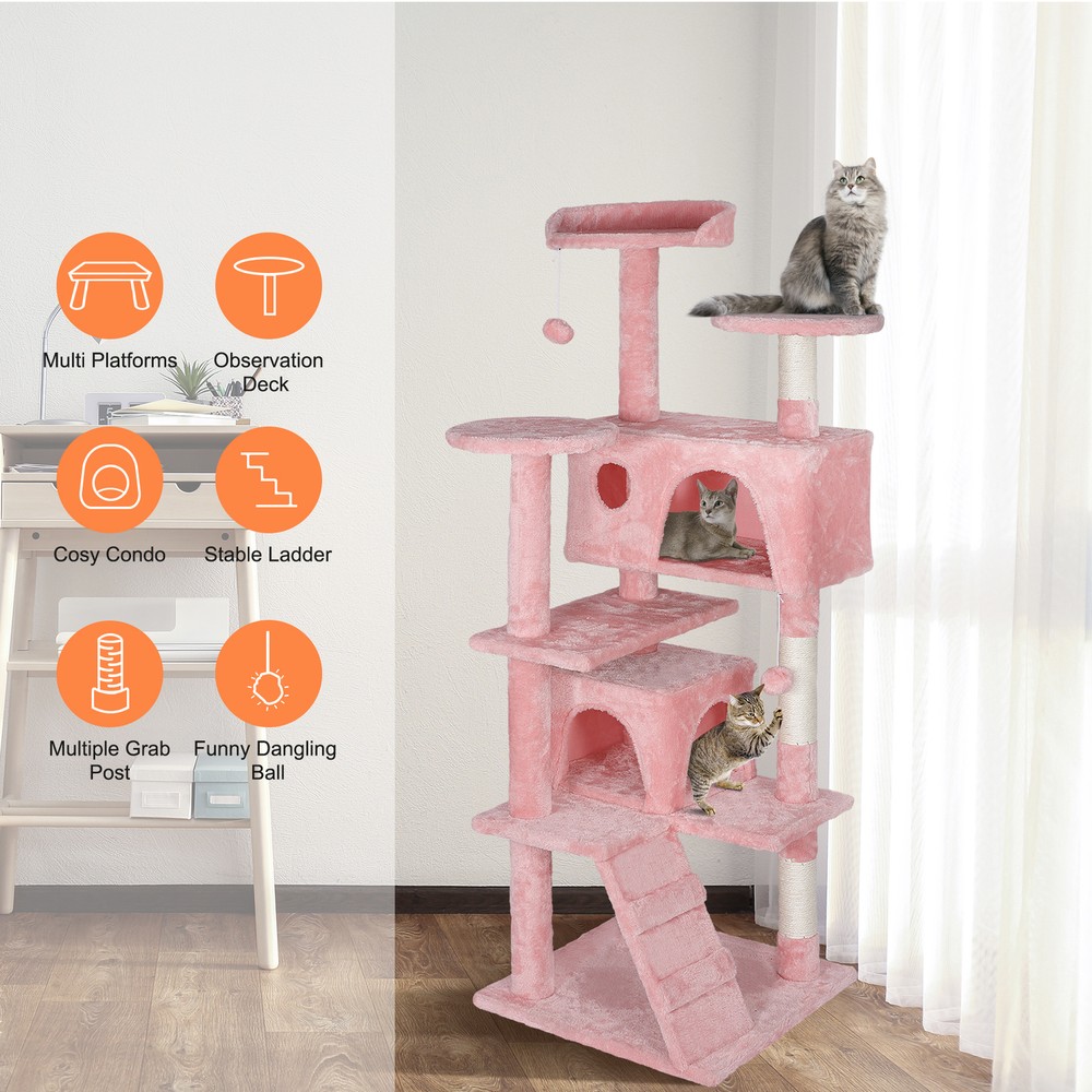 55'' Cat Tree Condo Multi-Level Cat Scratching Post Safety with Danging Ball