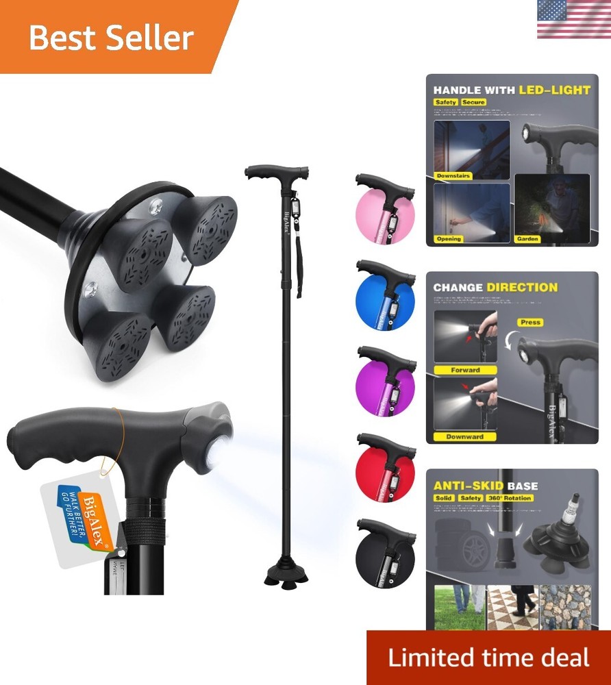 Folding Walking Cane with LED Light & Pivoting Quad Base - Adjustable & Portable