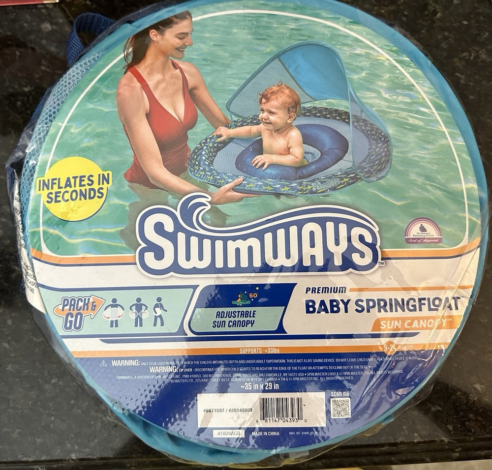 Swimways Sun Canopy Spring Baby Float Hyper-Flate Valve - Shark - Soft Mesh NEW