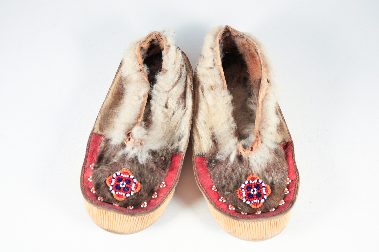 Vintage Native American Inuit Indian Bead Leather Fur Moccasins Mukluks 20th C.