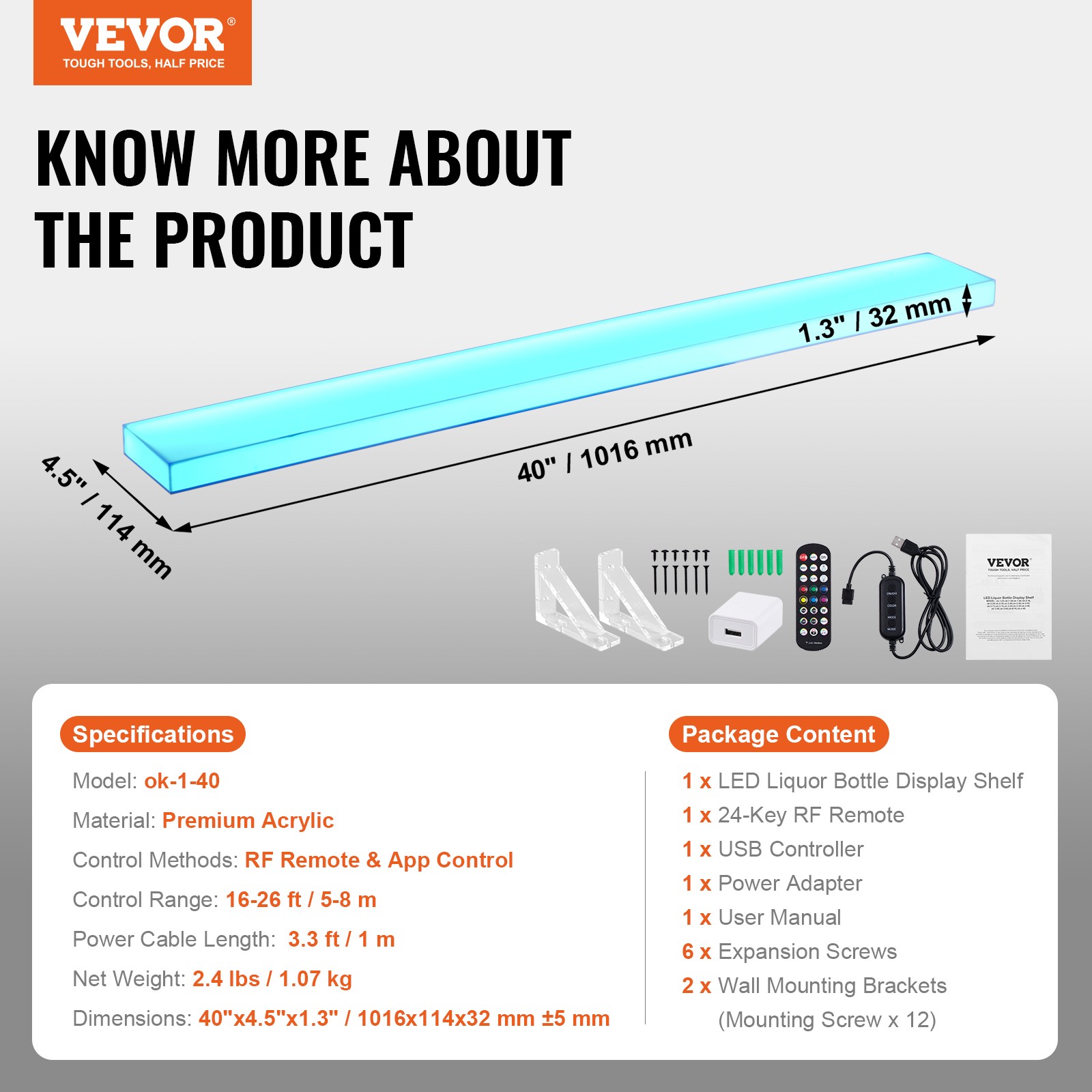 VEVOR Wall Mounted LED Lighted Liquor Bottle Display Home Bar Shelf 40" 1-Step