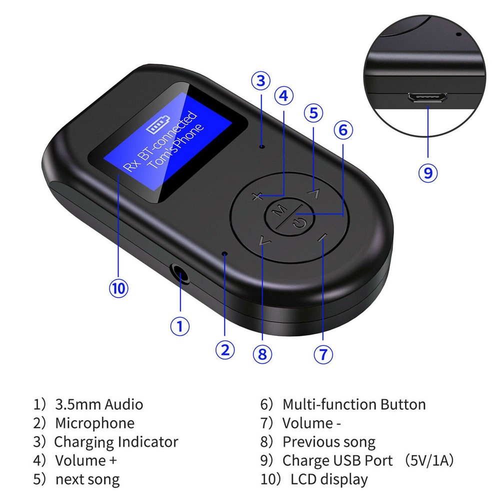 3in1 0.96"Screen Bluetooth 5.0 Transmitter Receiver Wireless Audio 3.5mm Adapter