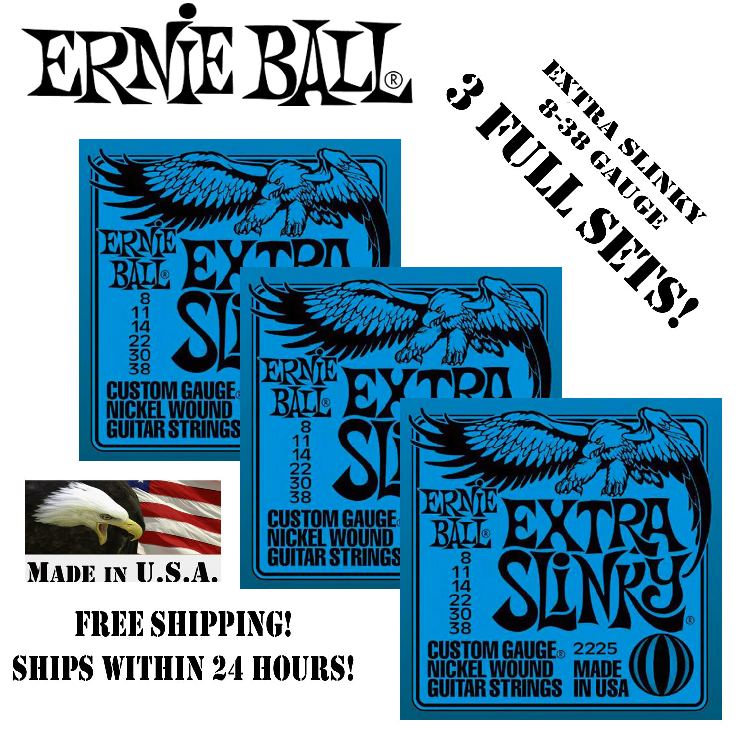 ** 3 SETS! ERNIE BALL EXTRA SLINKY ELECTRIC GUITAR STRINGS 2225 **