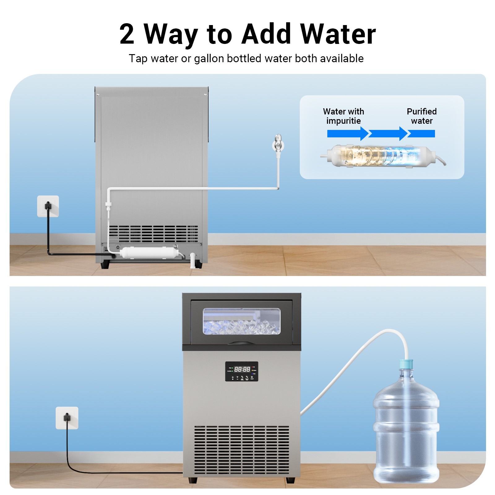 200lbs/24H Commercial Ice Maker Under Counter Freestanding Full ice Cube Machine