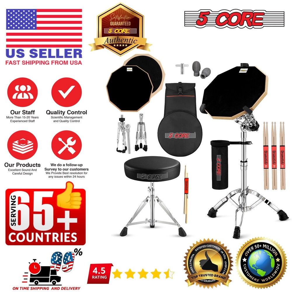5Core Drum Throne + Drummer Practice Pad Combo Kit Height Adjustable Padded Seat