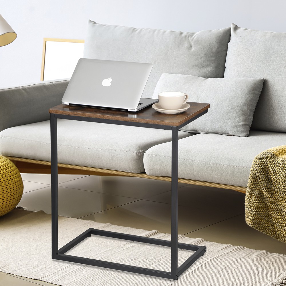 C Shaped End Table Living Room Side Table for Couch Slide Under Rustic Brown