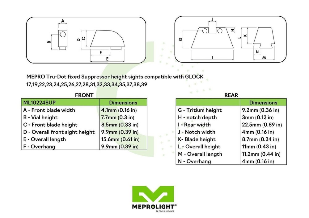 Meprolight Bersa Tru-Dot Night Sight for Thunder 9 & 40. Fixed Set