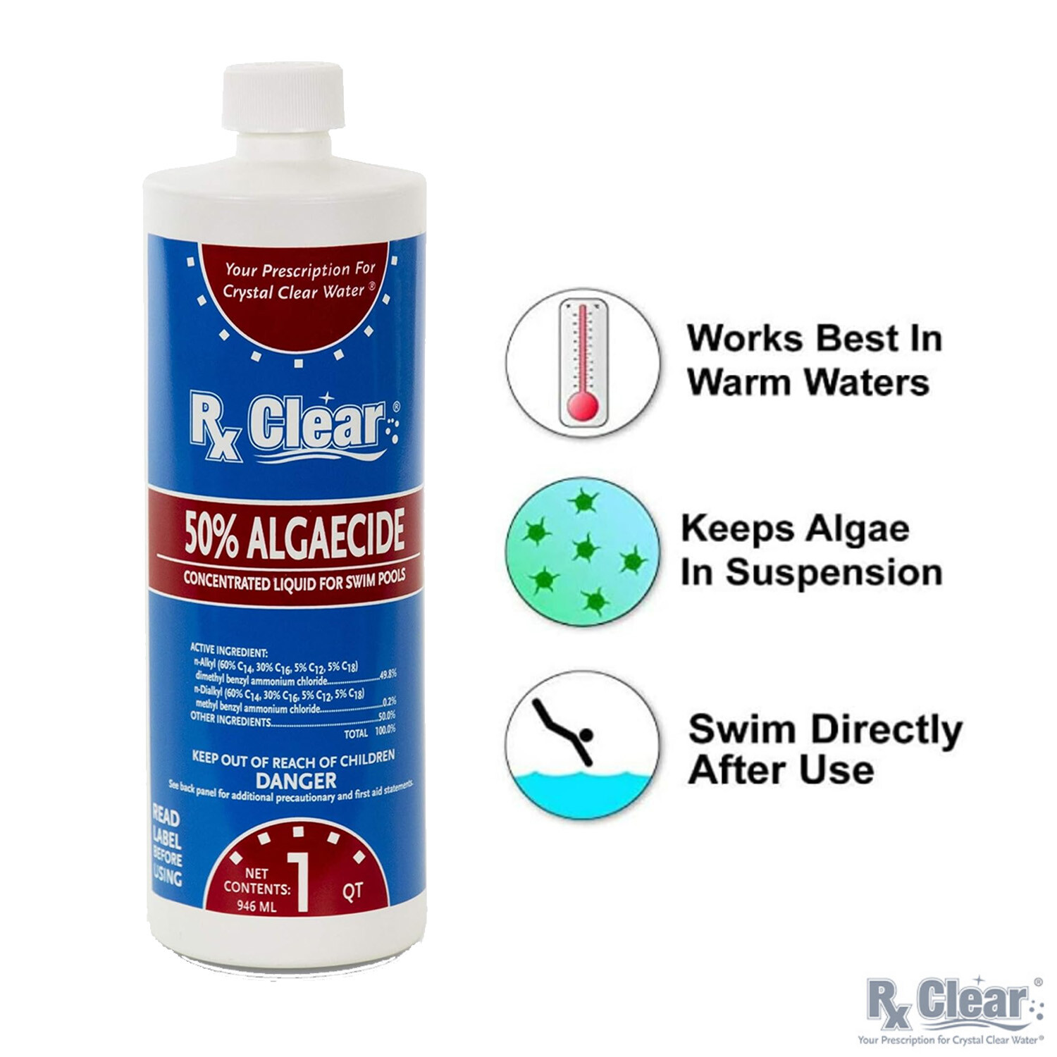 Rx Clear Algaecide 50 Plus Prevents Algae Swimming Pool Chemical - 32 oz Bottles