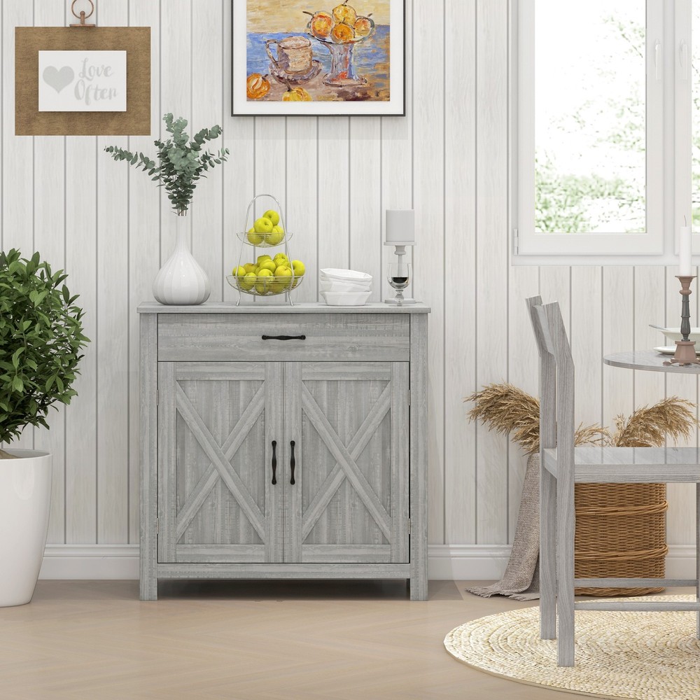 Sideboard Cabinet with Barn Doors Kitchen Buffet with Drawer Adjustable Shelf