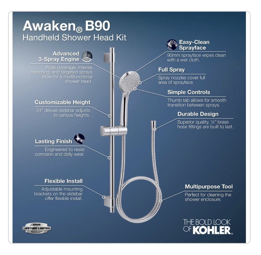 Kohler Awaken B90 Slide Bar Kit in Multi Function Shower Package