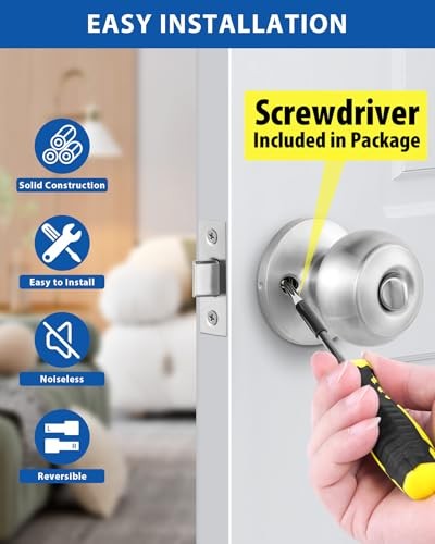 Interior Door Knobs for Bedroom or Bathroom Keyless, 5 Pack Satin Nickel