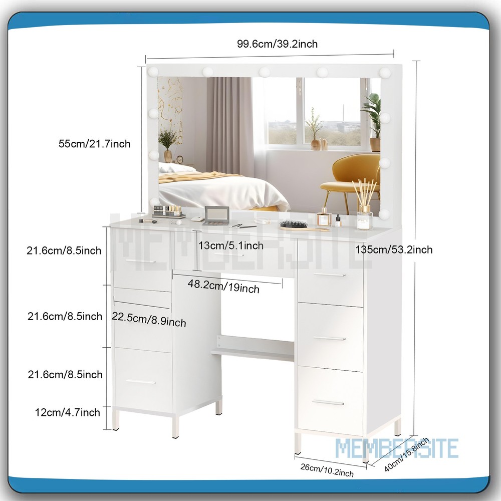 Vanity Desk Set With Large Mirror Makeup Dressing Table w/ 7 Drawers & Bar Pull