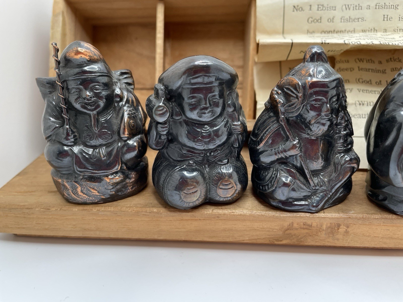 7 SEVEN IMMORTAL GODS Good Fortune Metal Numbered Figures Occupied JAPAN Box Vtg