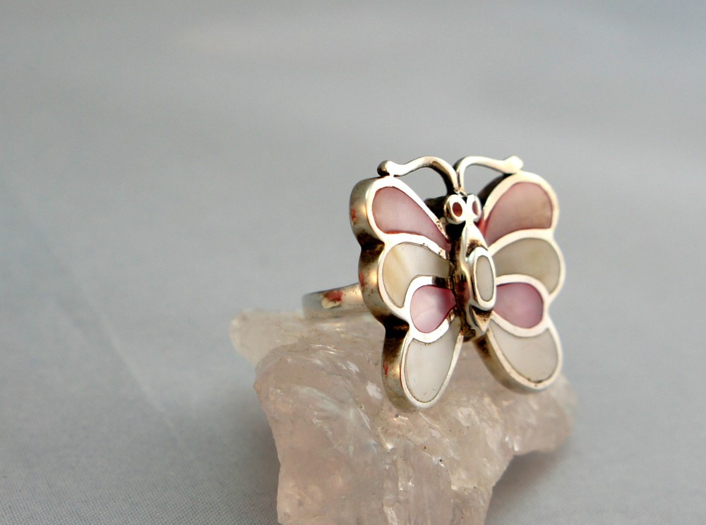 Silver ring silver 925 pearl butterfly