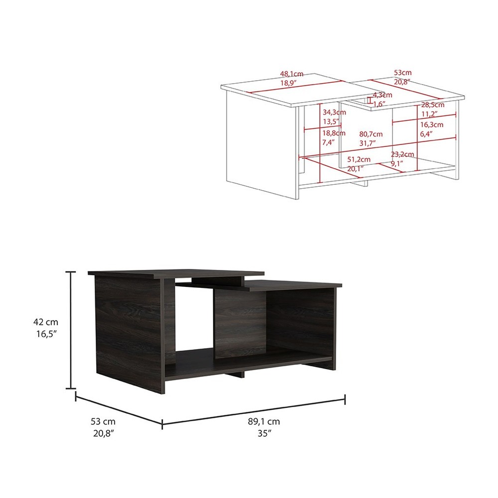 Modern Coffee Table, Two-Level Top with Open Shelf, 35"W x 20.9"D