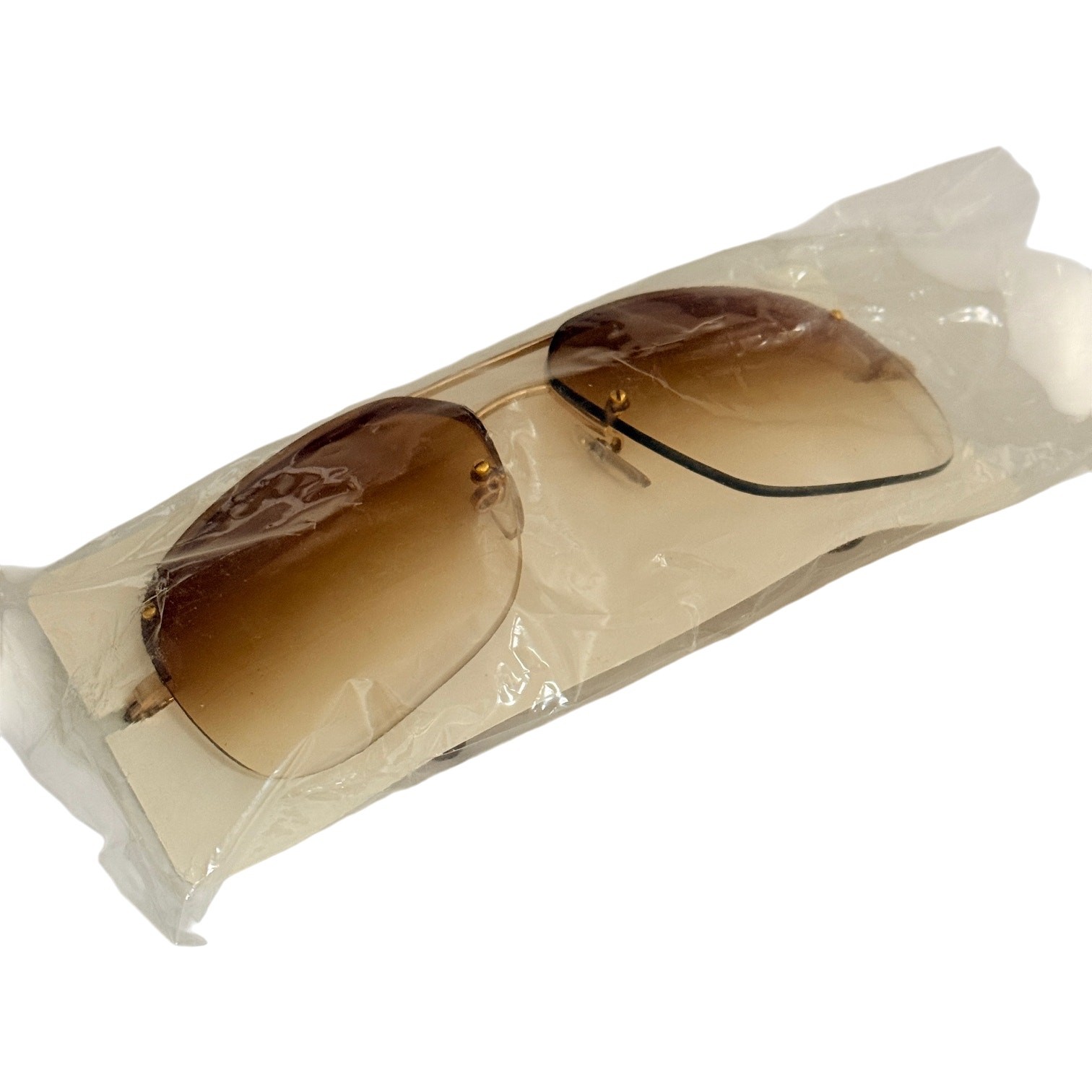 Vtg 70's Aviator Rimless Sunglasses Gold Frame Gradient Amber Lens MIP - A1298