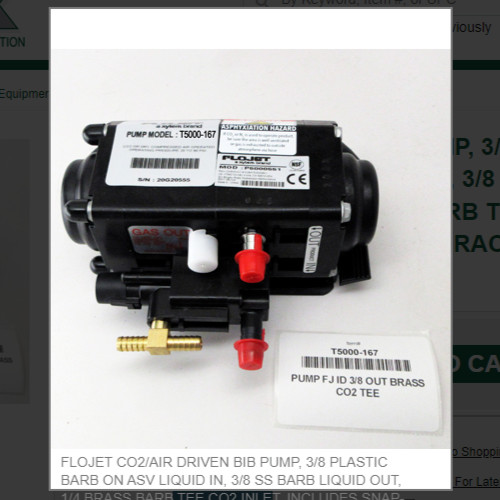 Pump FloJet CO2/Air-Driven, Bag-In-Box Pump Model T5000-167/ 3/8B In/Out 1/4 Tee