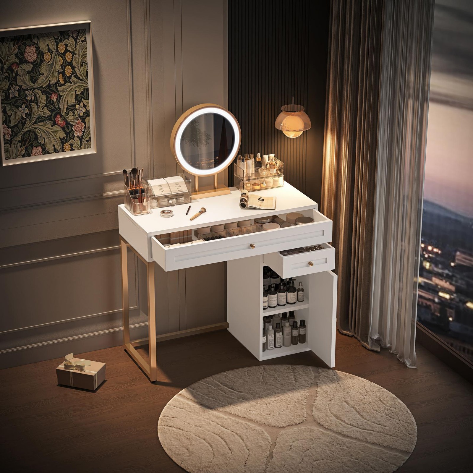 Vinsetto 31.5" Makeup Vanity Desk with Lighted Mirror, White+Gold