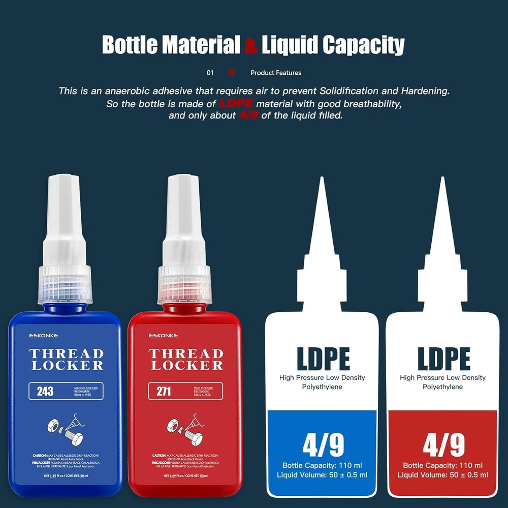 2 Pack Thread Locker - Blue 243 (Medium) & Red 271 (High) - Metal Screw Locking