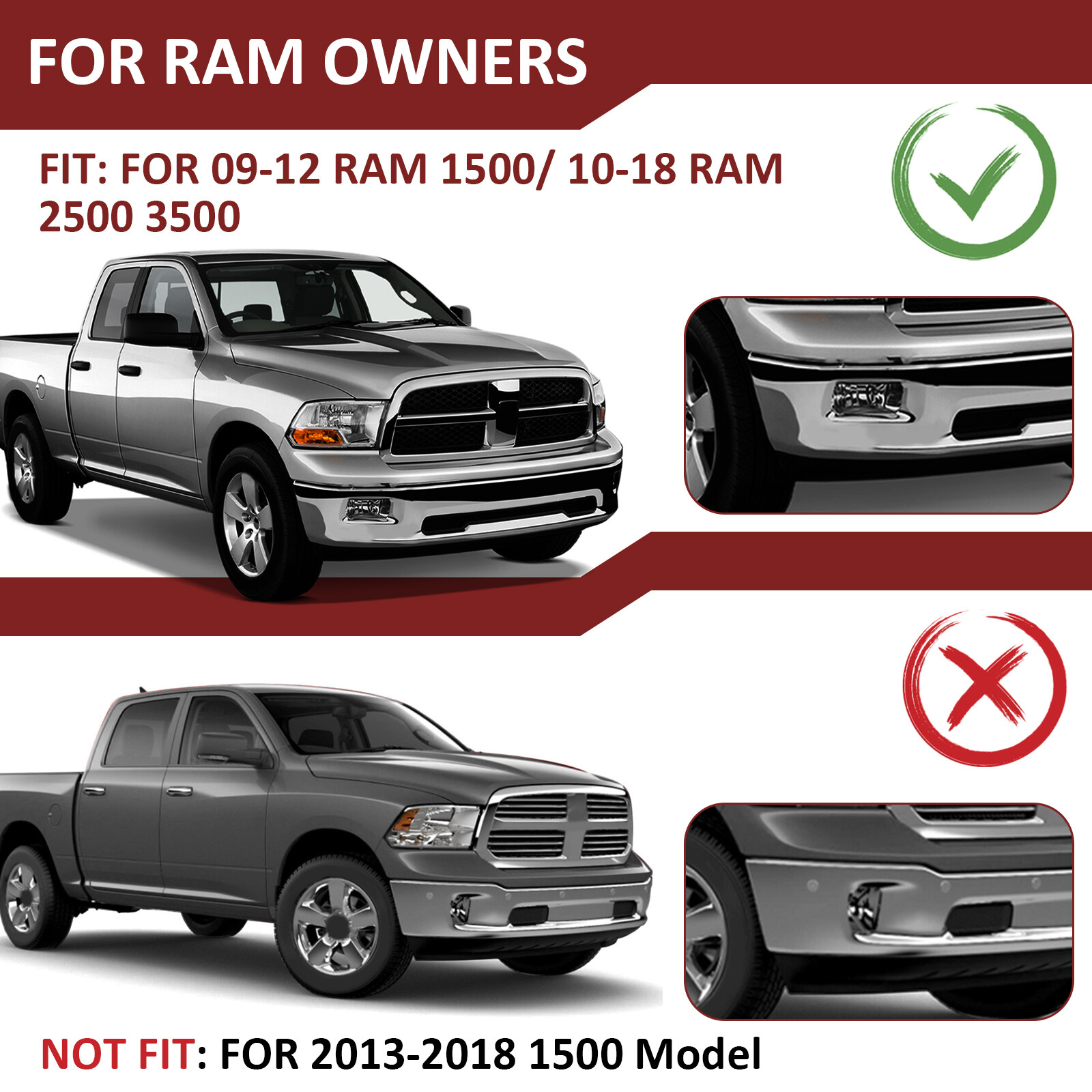 Front Fog Lights with Brackets For 2009-2012 Ram 1500 / 2010-2018 Ram 2500 3500