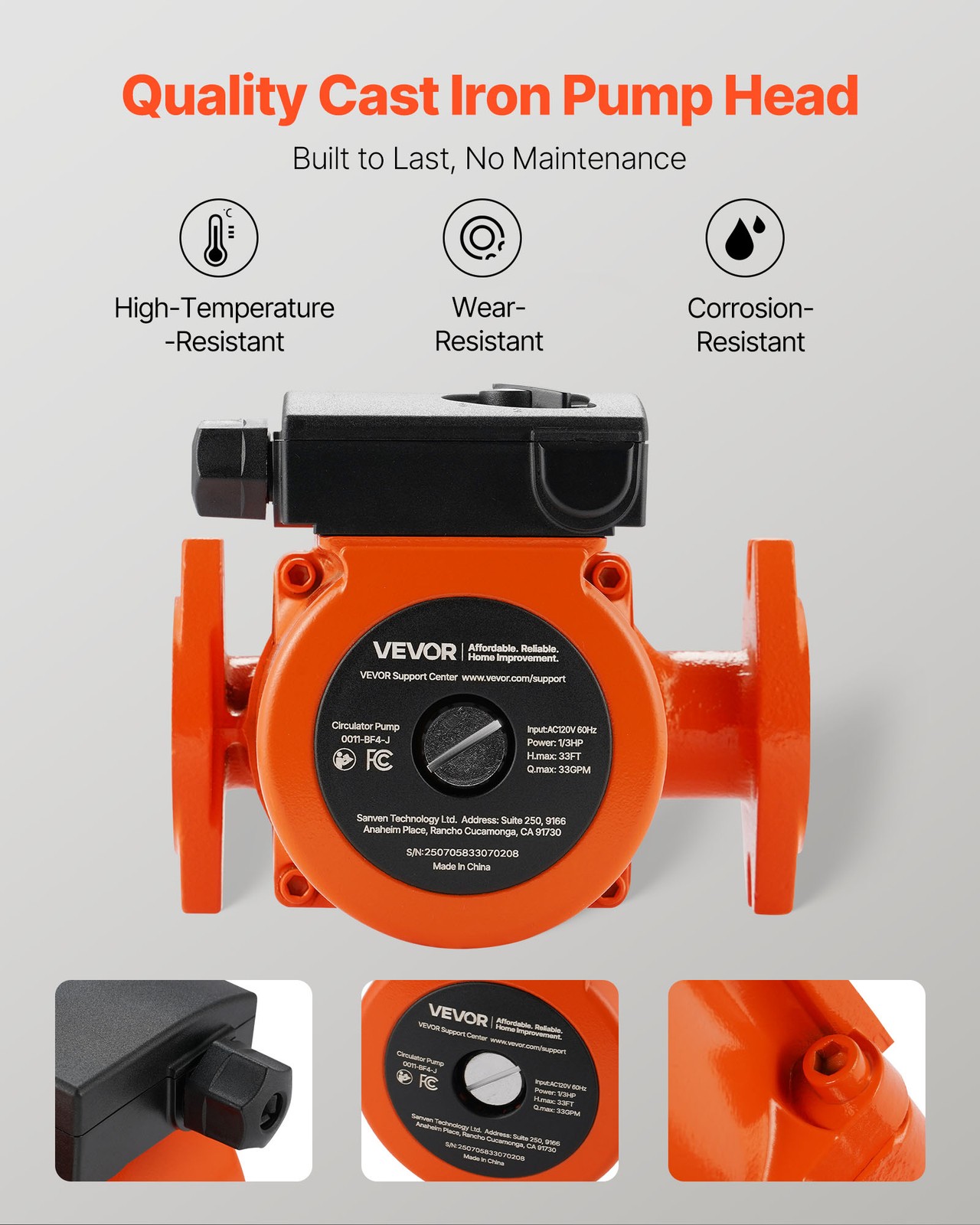 VEVOR 0011-BF4-J Cast Iron Circulator Pump Hot Water Circulation 1/3 HP 33 GPM