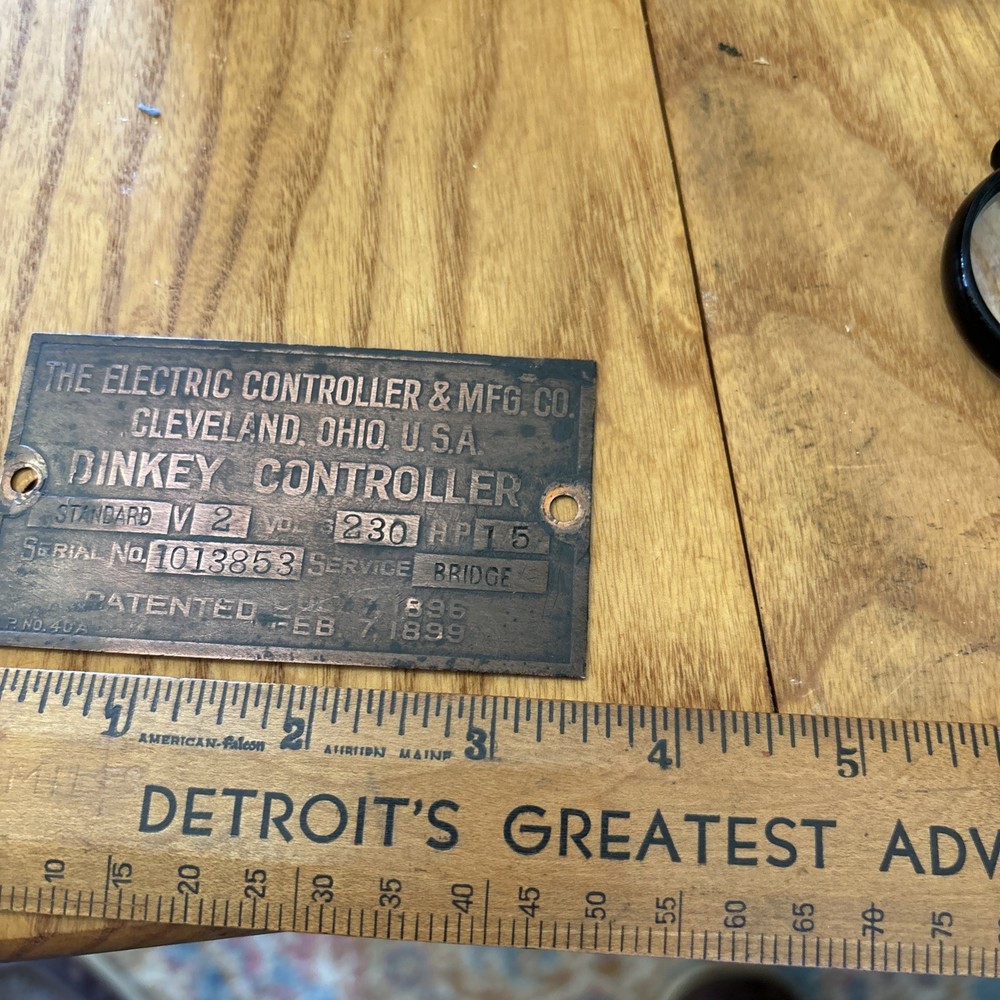 Dinkey Controller Copper/Brass Engine Tag 1899 Patent