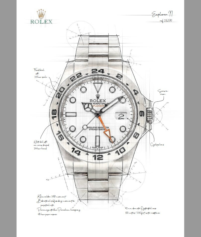 Rolex Explorer II watch technical drawing illustration artwork - Print