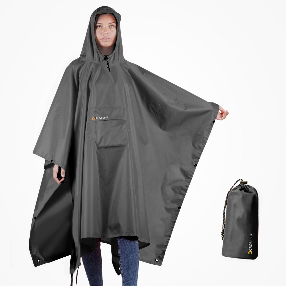 CROSSLER Hooded Rain Poncho with Pocket, for Men Women Adult, 3-in-1 Waterproof