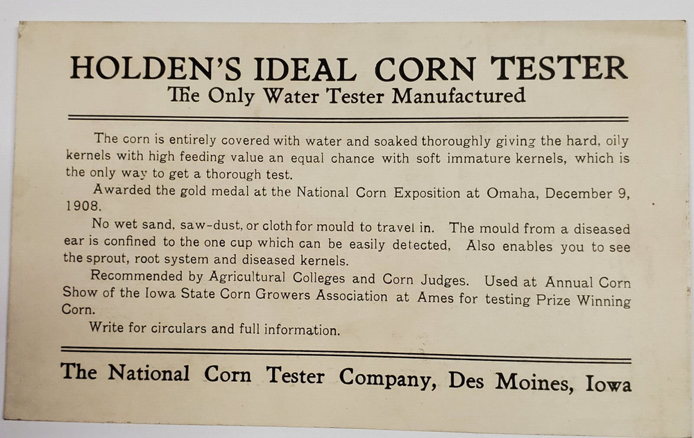 Holden's Ideal Corn Tester, Des Moines, Iowa, Description, History