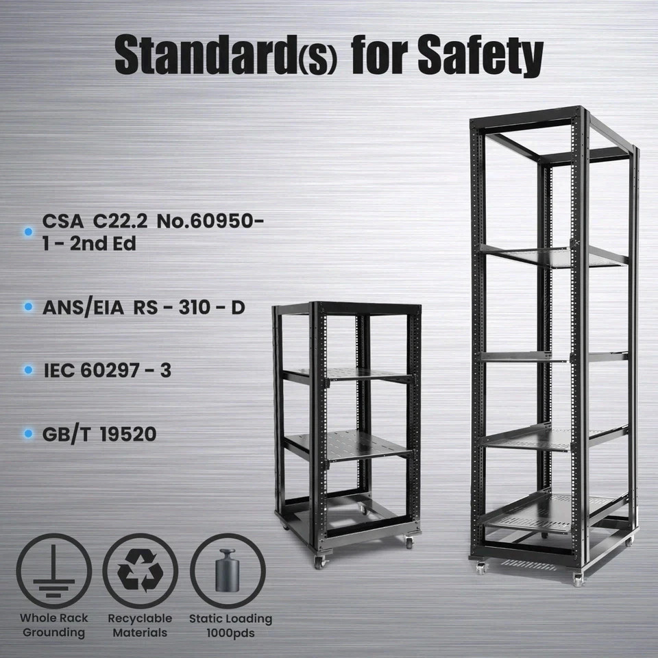 15U 4 Post Open Frame 19" Server Steel Rack 24" Deep With Supporting rails