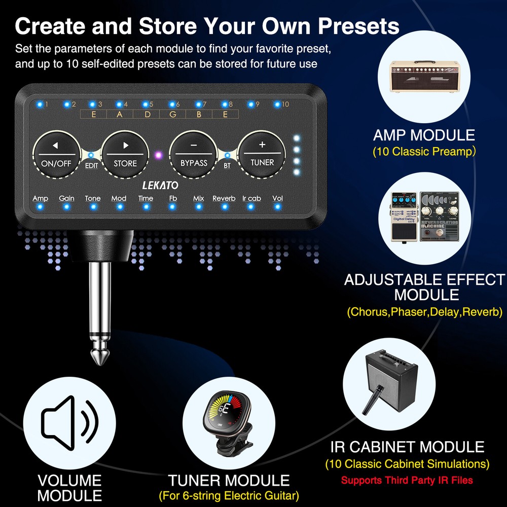 LEKATO Guitar Headphone Amp with Multi Effects Amp Models, IR Loading, Tuner US