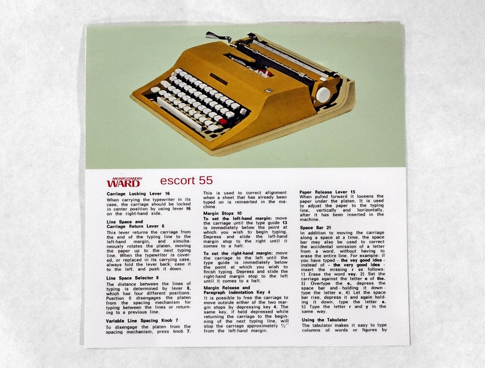Montgomery Ward Escort 55 Typewriter Owner's User Instruction Card Guide