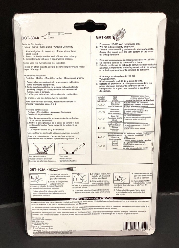 Gardner Bender Electrical Test Kit Continuity/Outlet Voltage Household Use GK-3