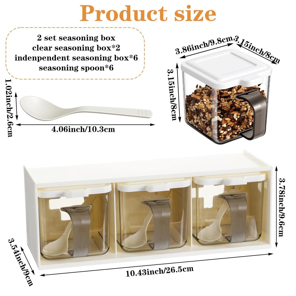 3-Grid Stackable Spice Container Set: Clear Seasoning Box with Spoons & Handle