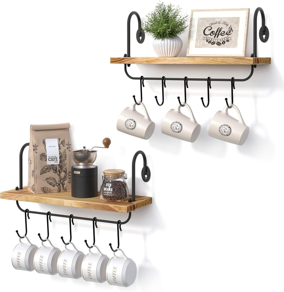 Floating Wall Shelves Kitchen Bathroom Coffee Nook W/ 10 Adjustable Hooks Mugs