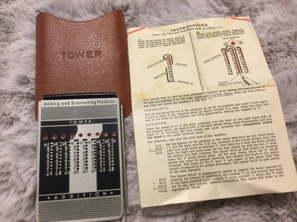Vintage Tower Addition & Subtraction Machine w/ Case Pen & Instructions - Adding