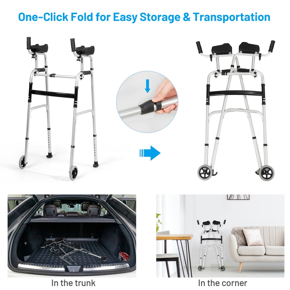 Folding Walker Adjustable Walking Frame Aluminum Walking Aid w/ Wheels Silver