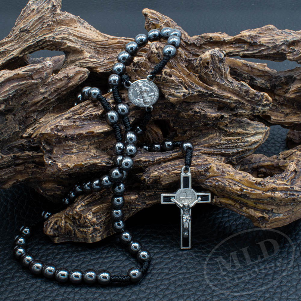 Saint St Benedict Medal Cord Rosary Black Hematite Beads Rosario San Benito 12"