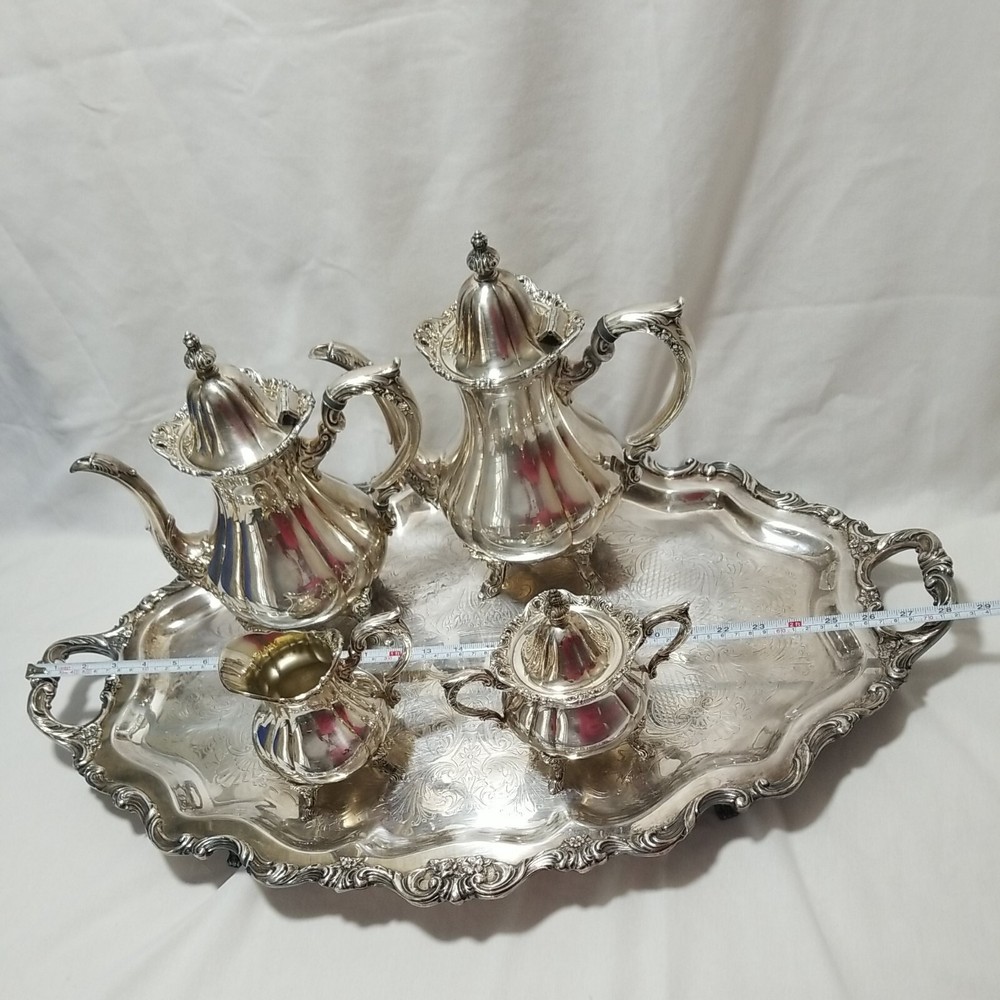 Wallace Silver Plate Coffee, Tea Set 5 Piece Large Tray 28½" Rosepoint Pattern