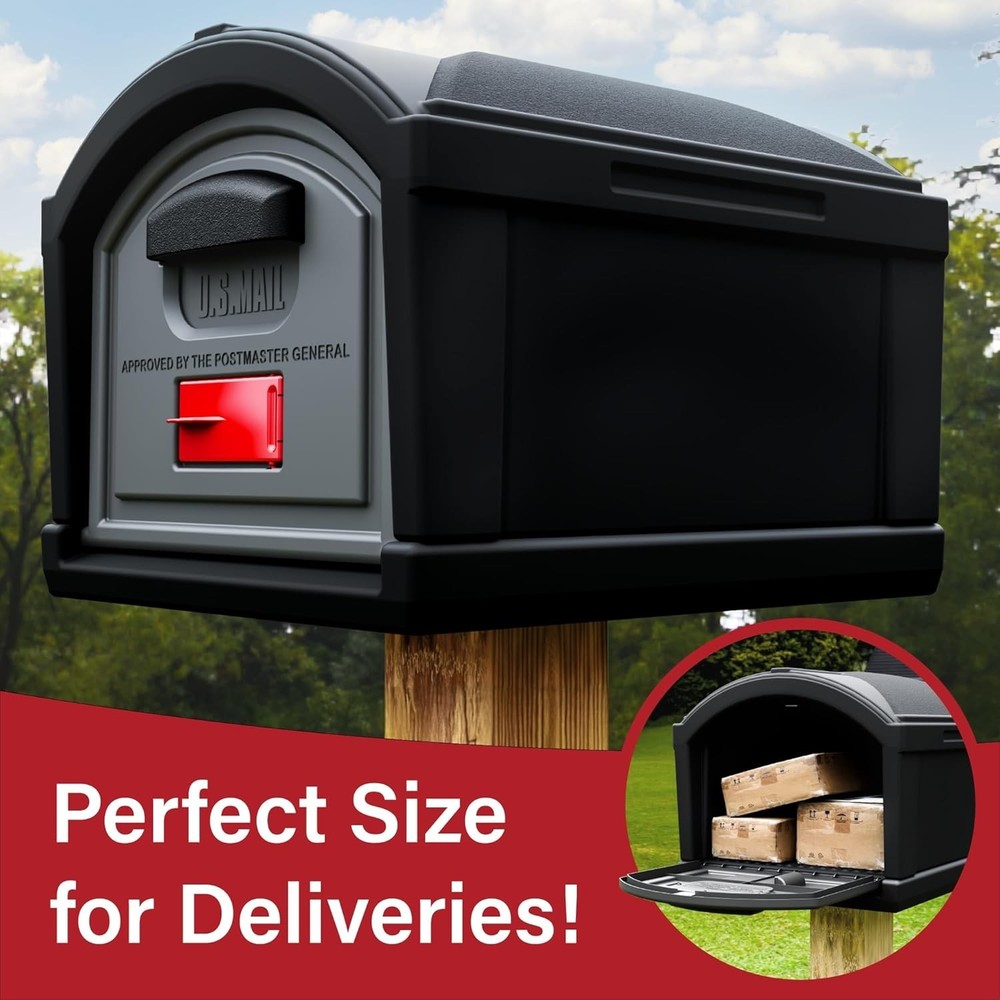 XL Post Mount Mailbox Extra Large Capacity Double-Wall Weather-Resistant Black