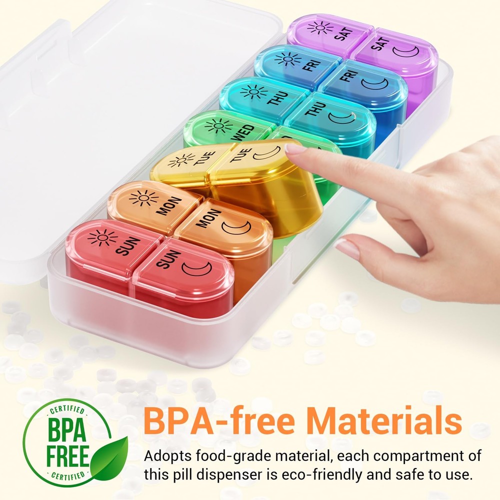 Weekly Pill Organizer AM PM - 7 Color-Coded Cases for Vitamins Supplements