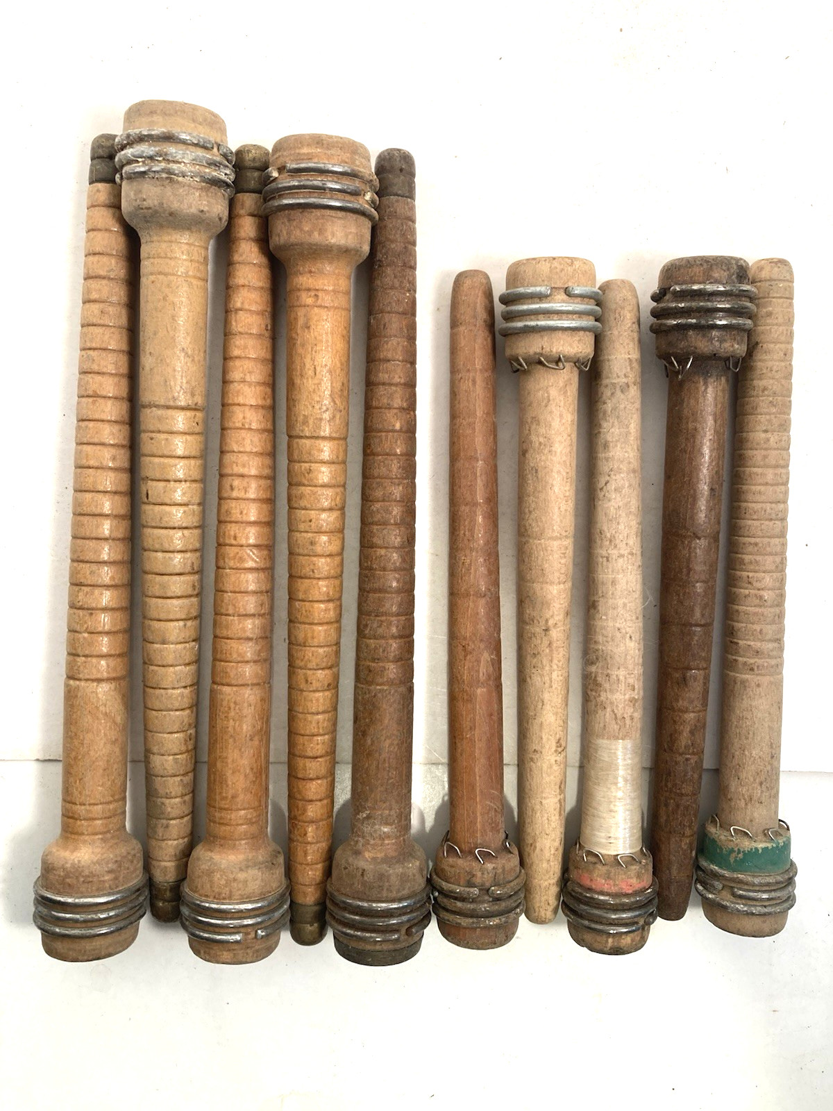 Wood Bobbins Quills Vintage Factory Reclaimed, 8 3/4 and 7 3/8", lot of 10