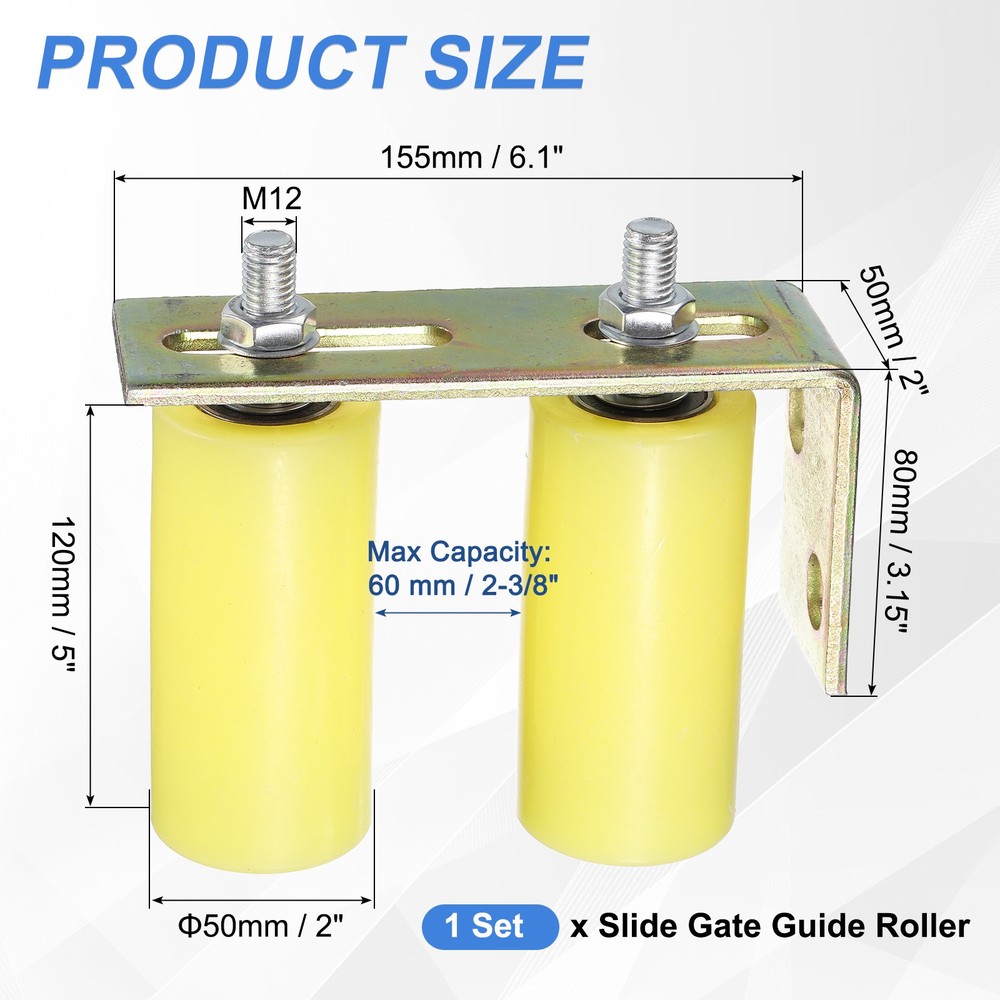 1Set Slide Gate Guide Roller, 5" Nylon Gate Support Rollers with Bracket, Yellow